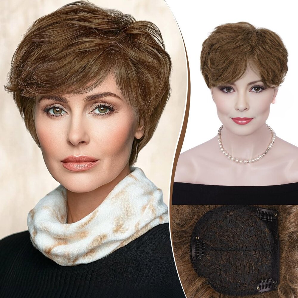 New RUWISS Short Hair Topper - Real Human Hair, 5x5.5 Base, Pixie Cut with Bangs